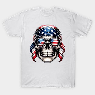 Skull American USA Flag Sunglasses 4th of July Skull T-Shirt